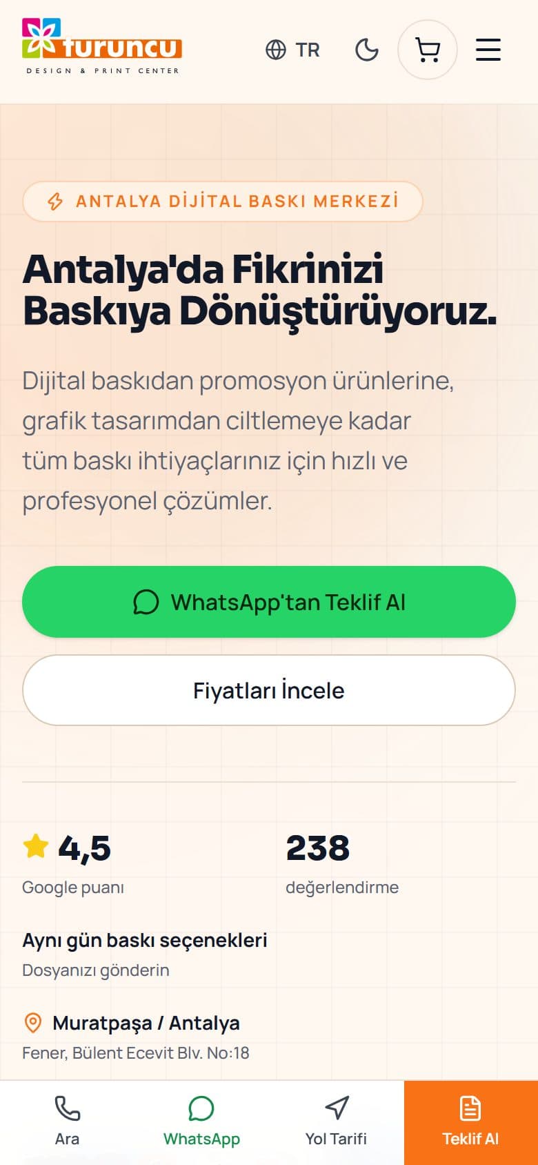 Turuncu Baskı sitesi, mobil
